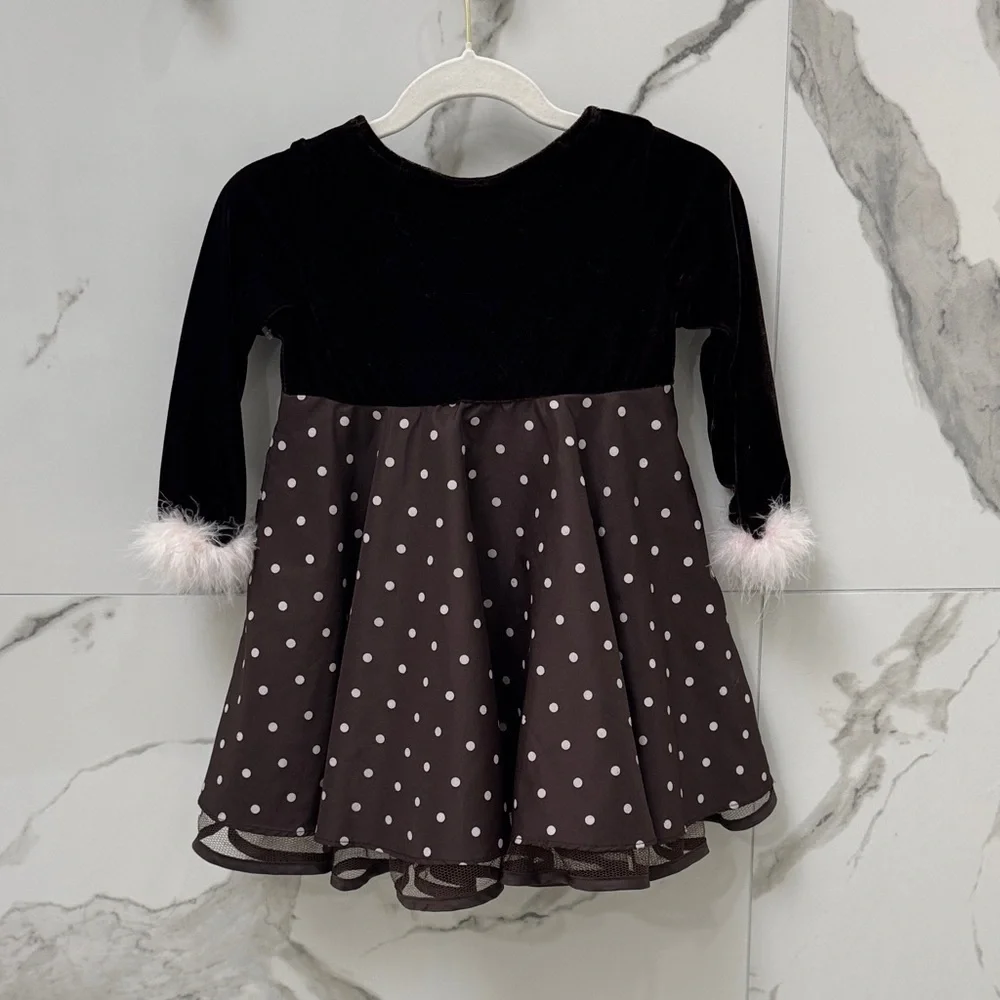 Vintage Brown Polka Dot Dress with Pink Bow and Feathers